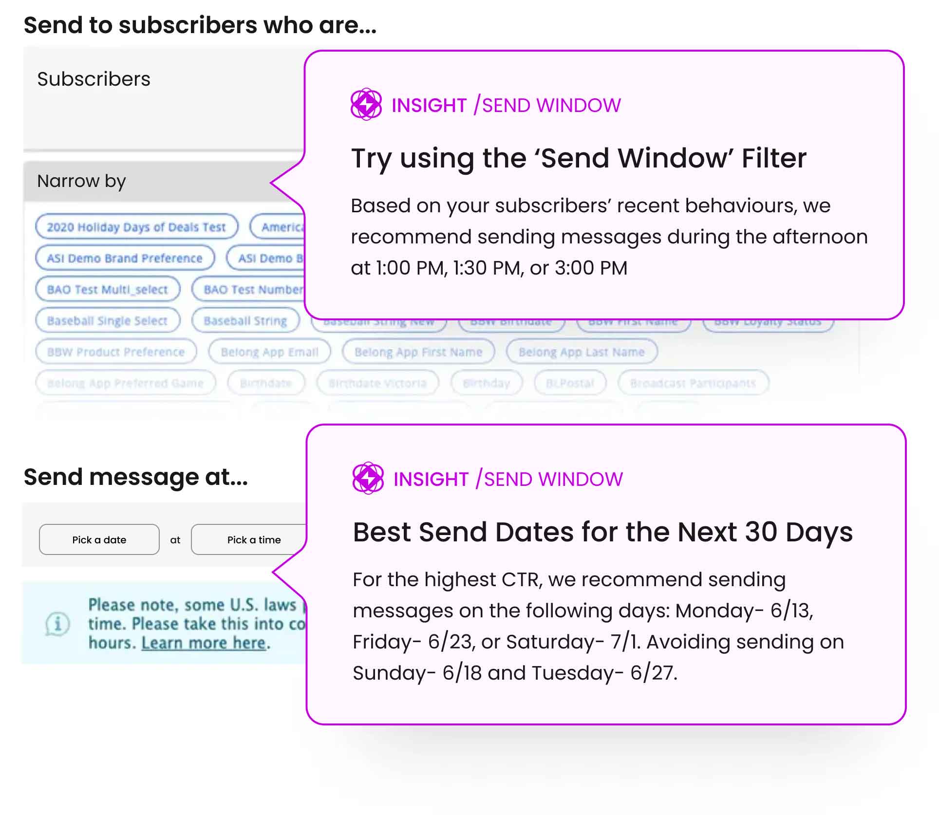 MMS platform with send window and send date insights